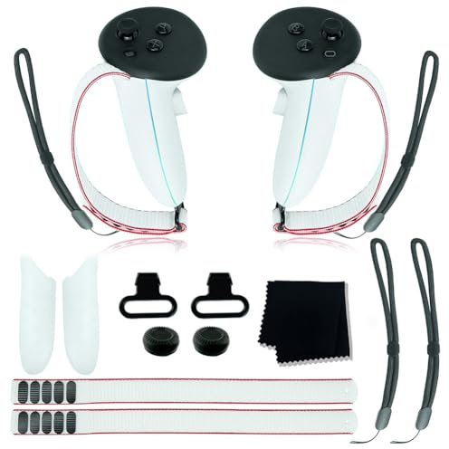 VR Headset Accessories Set for Meta/Oculus Quest 3 VR Battery Cover Replacement Kit Adjustable Active Straps Metal Ring Buckle Lens Cloth Joystick Caps for Oculus Quest 3 Controller Grips