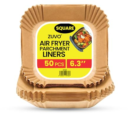 Zuvo Air Fryer Liners Paper Disposable (50-Pack) - 6.3-Inch Square Greaseproof Parchment Paper for Baking, Roasting & Frying - Heat Resistant, Compatible with COSORI, Ninja, Tower Fryers