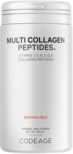 Codeage Multi Collagen Protein Powder Peptides, 2-Month Supply, Hydrolyzed, Type I, II, III, V, X Grass Fed All in One Super Bone Broth Collagen Supplement, Non-GMO, 567 Grams