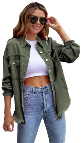 amropi Giacca Jeans con Bottoni Donna Giubbino Strappato Denim Jacket Leggere Camicetta Giacche Verde Militare, XL