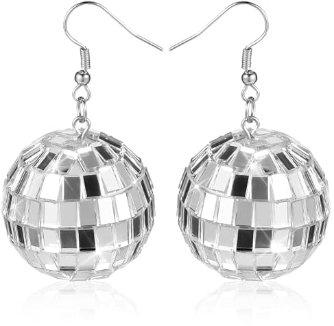 Discokugel Ohrringe Glitzer Halloween Ohrringe Damen Vintage 80er 90er Jahre Disco Party Ohrringe 3 cm Silber Disco Spiegel Kugel Ohrringe Schmuck für Halloween Kostüm Party Zubehör