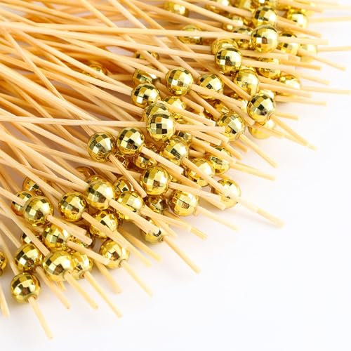 300 palillos de cóctel de bola de discoteca dorados, 4.7 pulgadas de largo, decoración de pinchos de cóctel elegantes, palillos de dientes decorativos de madera para aperitivos, bebidas, alimentos,