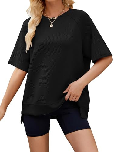 Famulily T Shirts for Women Half Sleeve Casual Round Neck Oversized Summer Tops High Low Hem Blouse (M, Black)