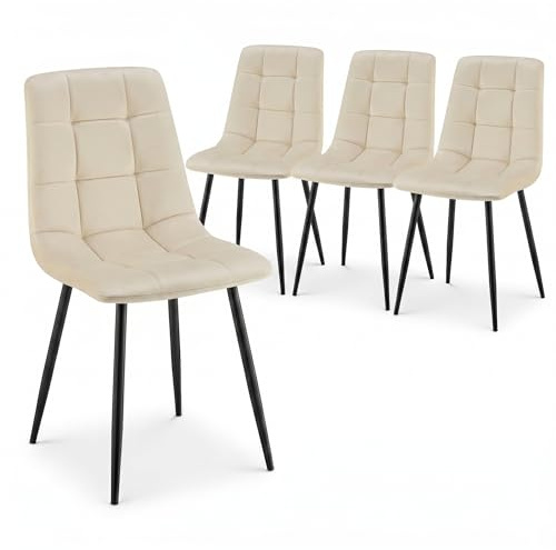 Bravich Velvet Embossed Dining Chairs Set of 4, Ivory High Back Upholstered Fabric Room Chairs with Metal Legs, Modern Kitchen Chairs for Bedroom, Dressing Table and Vanity