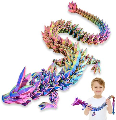 LOCYFENS 76 cm Großer 3D Gedruckter Drache Spielzeug für Kinder Erwachsene | Bewegliches Drachen Spielzeug mit Flexiblen Gelenken, Riesiger Fidget Spielzeug als Schreibtischdeko Geschenk（Rot Gelb Blau）