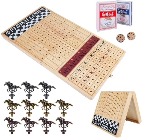 Pferderennen brettspiel, Horse Race Board Game, Hochwertige, haltbare, Faltbare Holzbox, Pferderennspiel mit 11 Retro-Metallpferden, 2 Würfeln und 2 Spielkarten, Familienspiele (Color Foldable Board)