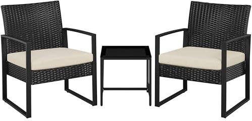 Yaheetech Balkonmöbel Set, Gartenmöbel-Set aus PE-Polyrattan Wetterfest inkl. 2 Stühle mit Sitzkissen & Tisch, 3 Teilig Terrassenmöbel Sitzgruppe Lounge Set für Balkon/Terrasse/Garten, Schwarz+Beige