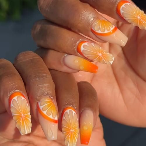 Lot de 24 faux ongles longs à coller - Motif cercueil - 3D - Orange - Fruit - À coller - En acrylique - Pour femme - Pour le printemps et l'été