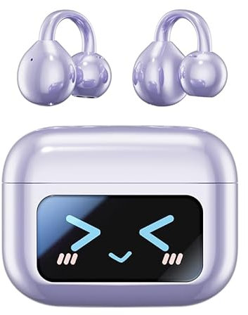 vashoy Bluetooth kopfhörer mit ohrclip, Bluetooth 5.4-Sportkopfhörer, Open Ear übersetzungskopfhörer,IPX5 wasserdicht, Digitale Anzeige-LED, offener Typ, geeignet für Sport/Fitness/Laufen (Lila)