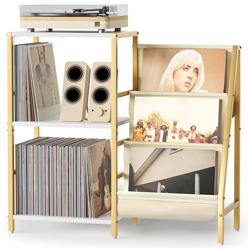 Bikoney Record Player Stand with 3-Tier Vinyl Storage – Turntable Table Holds Up to 200 Albums, Vinyl Record Holder Cabinet for Living Room, End Table for Record Players and Speakers (Gold)