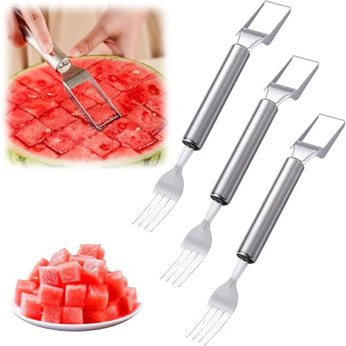 2-in-1 Stainless Steel Watermelon Slicer and Cutter, Watermelon Cutter, Watermelons Slicers, Dual Head Fork Tool, Fruit Forks Slicers, Melon Cutters, for Home Camping Kitchen Gadget (3pcs)
