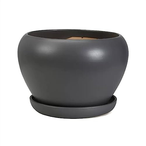 Macetas grandes de cerámica negra con bandeja para plantas suculentas, macetas redondas de gran tamaño para sala de estar y balcón, diseño simple y bonito