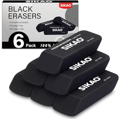 SIKAO Schwarze Radiergummis 6er Set – Radiergummi Kinder für Schule, Büro & Zeichnen – Latexfreie TPR Bleistift Radierer, Schmierfreies Radieren, Abgeschrägte Form für präzise Korrekturen