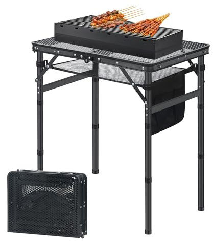 ZOESTORAGE Campingtisch Klappbar, Campingtisch Faltbar, ideal für Grillen, Picknick, Strand, Garten, Party, Grilltisch mit Netz-Desktop 60 x 40 x 26,5/41,5/67,5 cm (höhenverstellbar), Schwarz