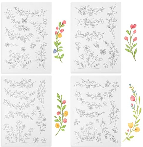 Alrhso Stickvorlagen WasserlöSlich, Stickvorlagen mit Blumen Wasserlöslicher Stabilisator für DIY Projekte, Stickerei, Stichübungen