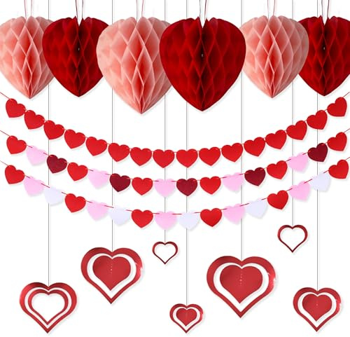 JNYUTEEN 16 Pezzi Decorazioni San Valentino, Palle Nido d'Ape Cuore Banner Ghirlande, Decorazioni Appese a Cuore per San Valentino Festa della Mamma Proposta Matrimonio Anniversario