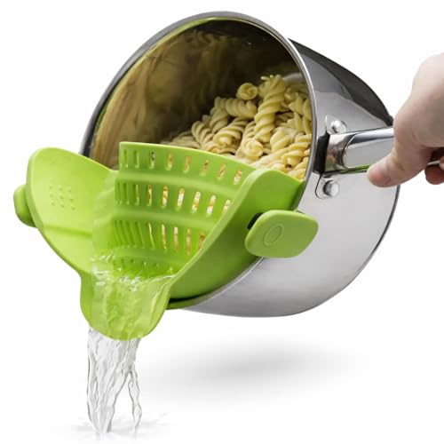 Clip On Pan Strainer - Silicone Colander for Pots & Pans - Fits Most Cookware - Pot Strainer Half Moon Design with Handle - Ideal for Draining Pasta, Rice - Easy to Attach Colander Attachment