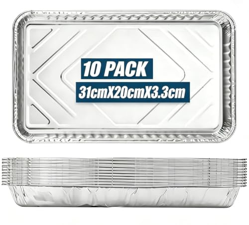 JIUMO 10 Pack Aluminum Foil Pans Disposable Foil Trays for Baking Roasting BBQ Food Storage 32 cm × 20 cm × 3 cm