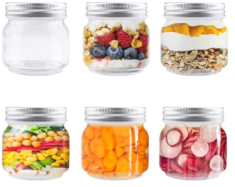 Wozzies Lot de 6 Bocal en Verre avec Couvercle, 250ml Pot Overnight Oat Verre, Pot Yaourt Convient pour la Préparation et le Stockage de Desserts, de Pudding, de Choucroute et de Préparations de Repas