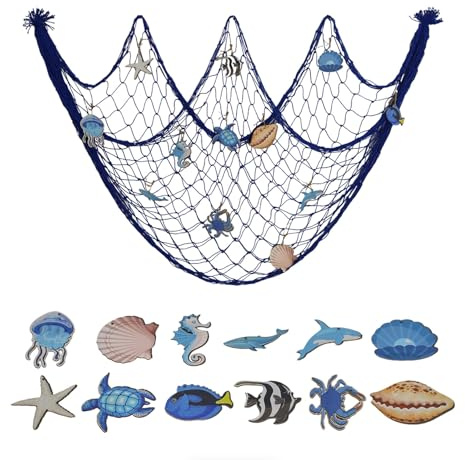 Domefahaso Mediterran Fischernetz Deko 100x200cm mit Meeresanhängern Wand | großes Baumwollnetz mit maritimen Anhängern, maritime Wanddekoration für Wohnräume