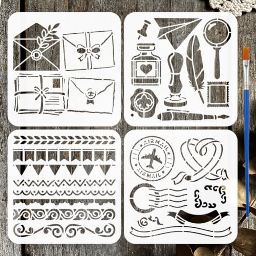 FINGERINSPIRE 4 Stück Retro Briefumschlag Schablonen Mit Pinsel 20x20cm Vintage Schneckenpost Schablonen Klassische Briefumschlag Zeichenvorlage Mit Stempel Randdesigns Zum Bemalen von Holzwänden