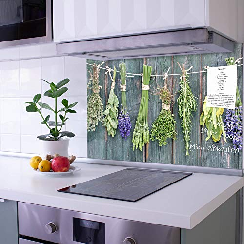 banjado Küchenrückwand Glas ohne Bohren 90x60cm – Glasrückwand Küche mit Motiv Acht Kräuter/Spritzschutz Küchenrückwand Glas/selbstklebende Küchenrückwand Platte - magnetisch & beschreibbar