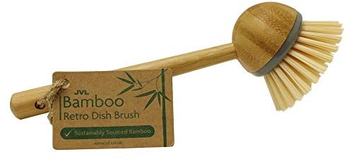 JVL 20-301 Round Bamboo Long Handle Washing Up Dish Brush, Natural