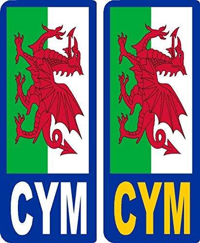 2 x Wales Welsh CYM Cymru Red Dragon Flag V2 Car Number Plate Waterproof Laminated Vinyl Stickers United Kingdom EU Brexit GB