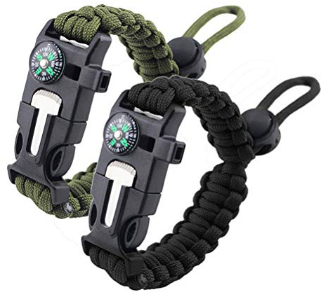 ZHIYE Lot de 2 bracelets de survie en paracorde avec grattoir, boussole, sifflet de survie, réglable - Noir et vert militaire
