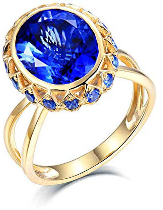 Beydodo Echt Schmuck Gold Ring Damen 750, Solitärring mit Oval Tansanit 4.9ct Trauring Gold Verlobungsring Saphir Gr.65 (20.7)