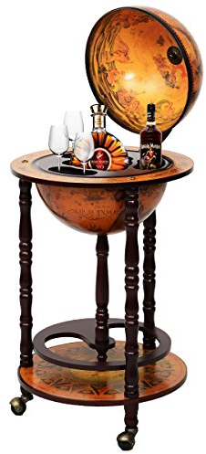 TANGZON 330MM/360MM Globe Drinks Cabinet, Movable Whisky Wine Spirits Bar Cabinet with Tabletop, Bottom Shelf & Wheels, Wine Container Minibar Storage Wooden Cart (No Top, 360MM Globe, 47 x 47 x 90cm)
