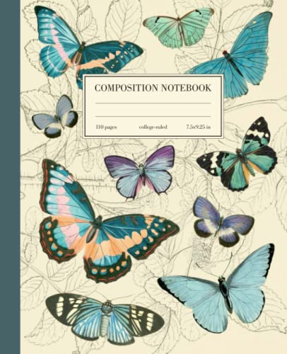 Composition Notebook College Ruled: Blue Butterfly Vintage Botanical Illustration | Cute Aesthetic Journal For Girls, Teens, Women | Wide Lined