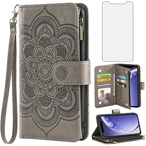 Asuwish Funda para iPhone 11 con Cristal Templado Protector Pantalla Vidrio Pelicula Protectora Libro Cuero Piel Tarjetero Soporte i Phone11 Tapa Carcasa Accesorios Magnética Magnetica Capa Case Gris