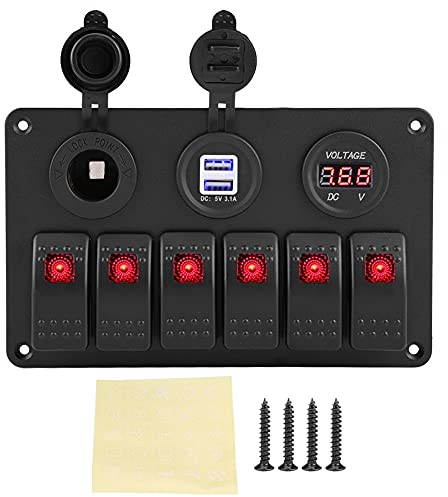 Schalttafel, 12V 24V 6 Gang Auto Boot Marine LED Wippschalter Panel Dual USB Voltmeter Zigarettenanzünder(Rot)