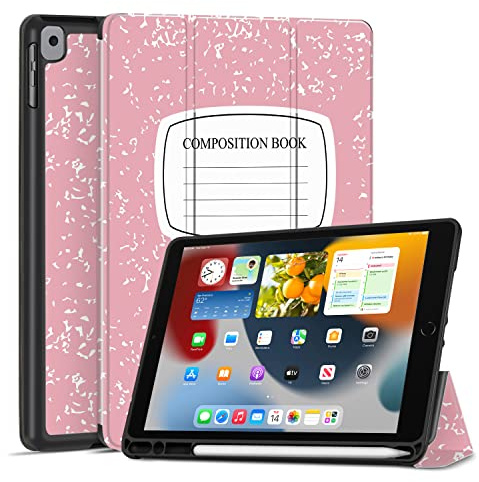 TNP Case for iPad 9th Gen 2021/iPad 8th 2020/iPad 7th 2019 Generation Protective Cover with Pencil Holder - 10.2 inch Slim Soft TPU Trifold Stand PU Leather Folio - Composition Book Pink