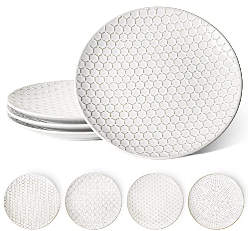 LE TAUCI Ceramic Dinner Plates Set of 4, 25cm Large White Table Plate Set | Microwave & Dishwasher Safe Dinnerware Sets, Scratch Resistant Serving Plates for Steak, Pasta - Embossed