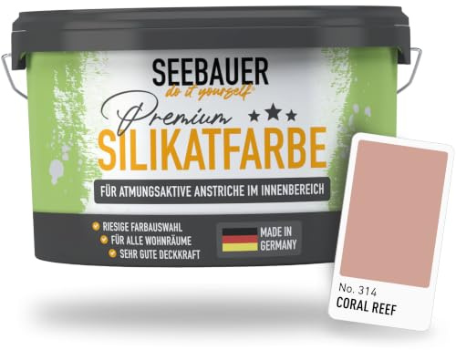 SEEBAUER diy Silikatfarbe Rot 10L für Innen (No. 314 Coral Reef) Atmungsaktive Mineralfarbe für Allergiker - Abwaschbare Wandfarbe - Rottöne hohe Deckkraft