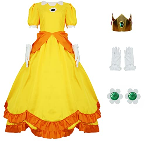AYYOHON Prinzessinnenkleid für Damen, Halloween, Prinzessin, Cosplay, Kostüm, Krone, Ohrringe, Handschuhe, Set, Erwachsenenkostüm, Größe M