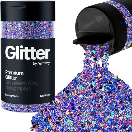 Hemway Premium Glitter Shaker - Gun Metal Grey Holographic | 120g Multi Size Metallic Flake Sequins for Resin & Epoxy Crafts | Craft Supplies for Tumblers, Festival, Hair, Face, Body & Nail Art