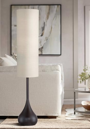 Possini Euro Design Moderne Mid Century Modern 62 Tall Droplet Floor Lamp Standing with Smart Socket Bronze Metal Soft Beige Cotton Tall Cylinder Shade for Living Room Bedroom Office House Home