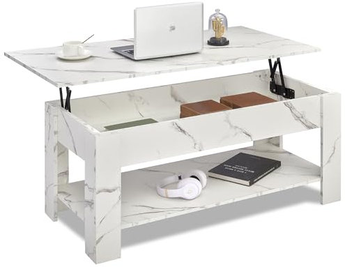 Blisswood Coffee Table With Storage, Lift Up Coffee Table For Living Room, Wooden Coffee Tables With 1 Shelf Large Hidden Storage Lift-Top Sofa End Tea Table White Marble 120x60x(49.5-62.5) H cm