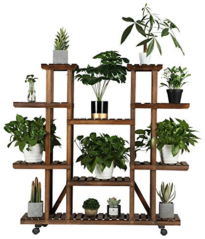 Abician Étagère à Fleurs en Bois Porte-plantes à Roulettes Support de Pots avec 9 Tablettes Présentoir Intérieur Extérieur, Pour Jardin Balcon Salon 124,5 × 33 × 120 cm Couleur du bois