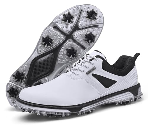 KESCOO Waterproof Golf Shoes Men Professional Spiked Golf Footwear Lightweight Outdoor Comfortable Golf Training Sneakers, White 45