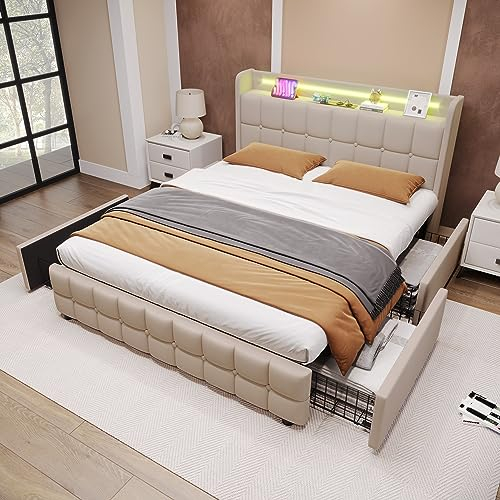 Oyemige Polsterbett 160x200, Doppelbett mit 4 Schubladen, LED Kopfteil mit USB Ladefunktion, Rückenlehne Bett mit Stauraum und Lattenrost, Stauraumbett, MetallBettgestell, ohne Matratze, Leinen Beige