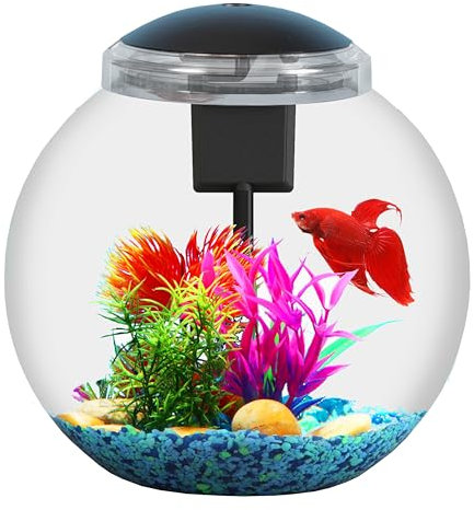 SW Products Aquarium Globe de 10 litres, kit de démarrage idéal pour Betta/Nano/Goldfish, Aquarium Betta avec Filtre et lumière, Adaptateur Secteur, Plastique Transparent résistant aux Chocs