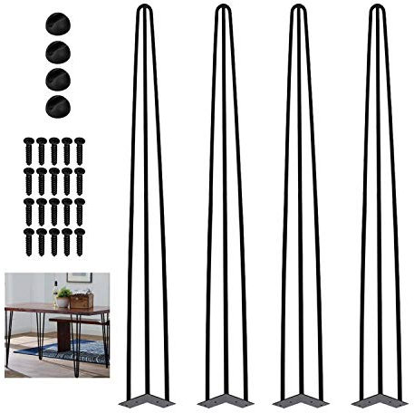 SWANEW Lot de 4 pieds de table en métal noir avec pieds à 3 barres - Pour bureau, table et table basse - Pieds de table en épingle à cheveux avec protections de sol et vis (72 cm)