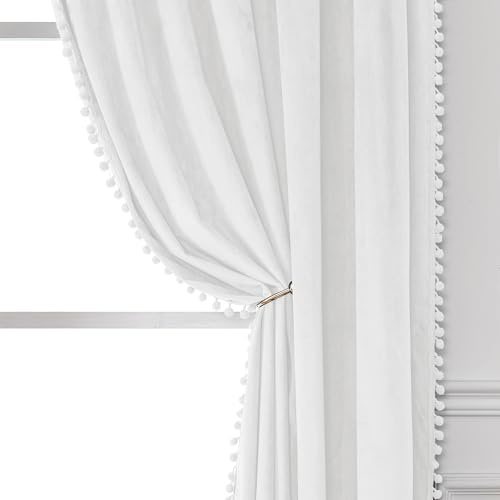 Victree Pom Pom Samtvorhänge für Schlafzimmer, Verdunkelungsvorhänge, 132,1 x 243,8 cm Länge, Raumverdunkelung, Sonnenlicht, blockierende Stangentasche, Fenstervorhänge für Wohnzimmer, 2 Paneele, Weiß