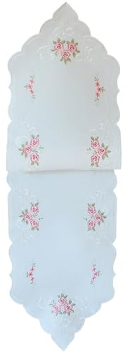 Romantischer Tischläufer bestickt Rosen weiß Polyester als Tischdeko - Tischdecke Blumen MARGIT 40 x 140 cm Frühling rechteckig - Waschbarer Kunststoff Tisch Läufer für Zuhause, Party, Geburtstag