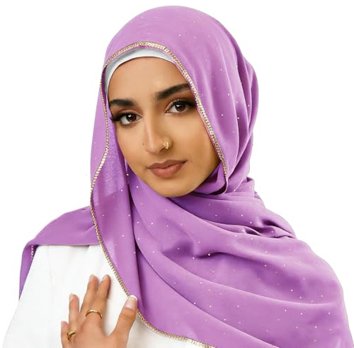 Piewag Hijab-Schal für Damen, weicher Chiffon, Strass, langer Schal, modisch, muslimischer Hijab, Kopftuch, Helles Violett, Einheitsgröße