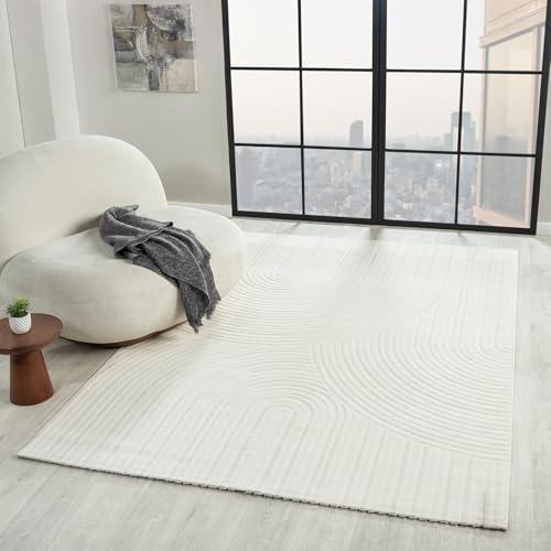 VIMODA Teppich Wohnzimmer Kurzflor Schlafzimmer Wellen Hochtief-Muster/Boho Sakndi, Farbe:Creme, Maße:80x150 cm